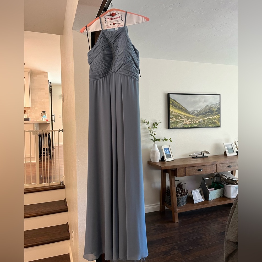 Dusty blue floor length bridesmaid dress. Size 0